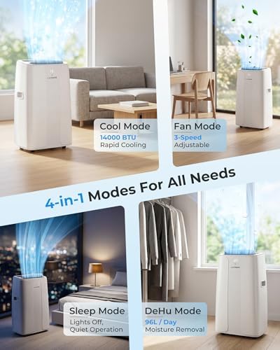 14000 BTU Portable Air Conditioner with Cooling, Dehumidifier, Fan & Sleep Mode, Auto-Swing, Remote Control, 24H Timer, Exhaust Hose, Energy Class A