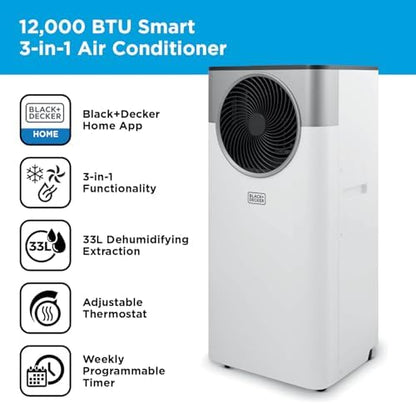 12000 BTU Portable Air Conditioner with Cooling, Dehumidifier & Fan, Smart Control, Power Memory Function, White, Energy Class A
