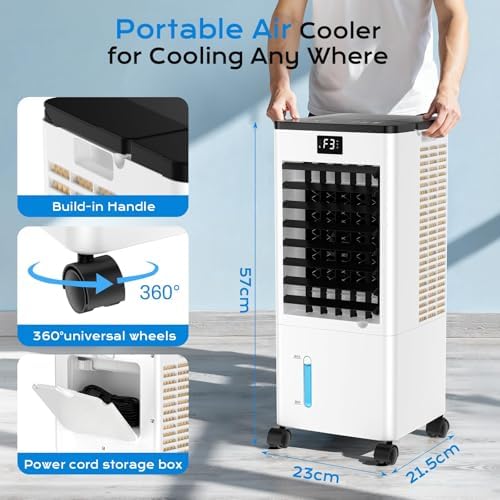 60W Air Cooler with LED Display, 3 Modes, 8L Water Tank, 12-Hour Timer, 60°/120° Oscillation, Touch & Remote Control, Includes 4 Ice Boxes, Low Noise